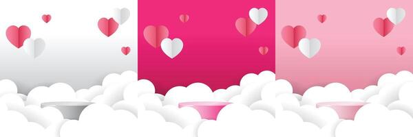 Set of 3D valentine day background white, magenta, pink cylinder podium surrounded with clouds. geometric platform. Abstract mockup product display. Minimal scene. Stage showcase vector