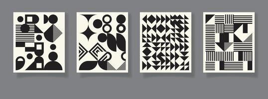 Retro set of four black and white geometric pattern minimal posters with 20s geometric design. Trendy bauhaus pattern background for cover design, poster and backdrop vector