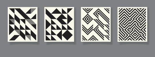Retro set of four black and white geometric pattern minimal posters with 20s geometric design. Trendy bauhaus pattern background for cover design poster vector
