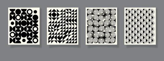 Set of 4 minimal vintage 20s geometric design posters, wall art, template, layout with primitive shapes elements. Bauhaus retro pattern background, abstract circle, triangle and square line art Pro vector
