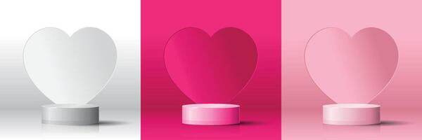 Set of 3D valentine day background white, magenta, pink cylinder podium with gradient heart shape background. geometric platform. Abstract mockup product display. Minimal scene. Stage vector