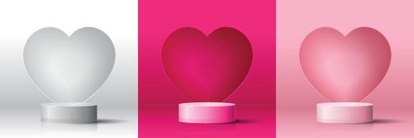 Set of 3D valentine day background white, magenta, pink cylinder podium with heart shaped background. geometric platform. Abstract mockup product display. Minimal scene. Stage showcase vector