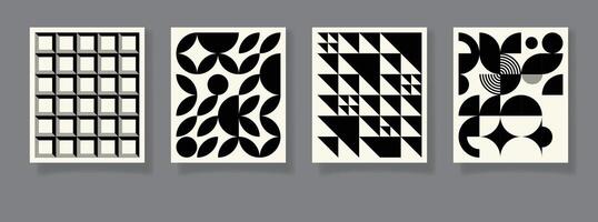 Set of 4 minimal vintage 20s geometric design posters, wall art. Bauhaus retro pattern background, abstract circle, triangle and square line art vector