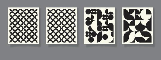 Retro set of four black and white geometric pattern minimal posters with 20s geometric design. Trendy bauhaus pattern background for cover design, poster and interior vector