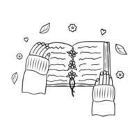 An open book in his hands, a contour drawing. hand-drawn contour illustration of the book in his hands. An open book in his hands with a bookmark of flowers vector