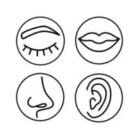 A set of icons for eyes, mouth, nose and ears. Icons of human organs in linear and flat design on a white background. Used in design, medicine, cosmetology vector