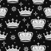 Vintage seamless pattern with medieval crowns, stars. Zigzag arranged objects on black background. vector