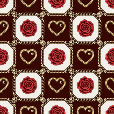 Checkered seamless pattern with jewelry chains, red roses, golden heart, chamfer squares. Classic grid. Detailed high contrast illustration in luxury vintage style.