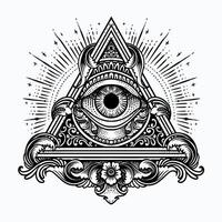 Illustration hand drawn All-Seeing Eye in Ornate Triangle with Cosmic Rays. vector