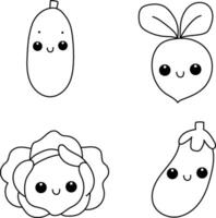 Set of cute vegetables. Cucumber, radish, cabbage, eggplant vector