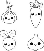 Set of doodle vegetables with cute faces. Onion, carrot, beet and garlic. vector