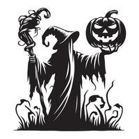 Spooky Halloween Wizard Silhouette with Pumpkin for Creepy Season vector