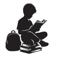 Boy Silhouette Reading Book While Sitting on Books Stack Education Learning vector