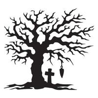 Creepy Spooky Tree Silhouette with Tombstone and Gallows Illustration vector