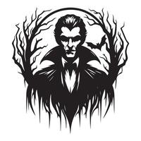 Scary Vampire Silhouette Surrounded by Trees and Bat Artwork vector