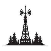 Silhouette of Radio Tower Broadcasting Signals Among Pine Trees vector