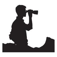 Man Silhouette Illustration Using Binoculars on Mountain Top vector
