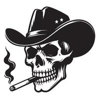 Smoking skeleton cowboy illustration with hat and cigarette vector