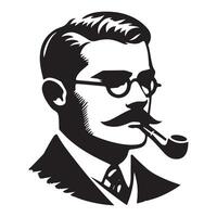Silhouette Gentleman Portrait Illustration with Pipe and Mustache Design vector