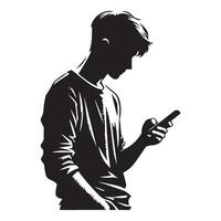 Silhouette Young Man Using Smartphone Art Illustration vector