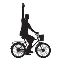 Silhouette of a Joyful Man Riding Bicycle with Peace Sign vector