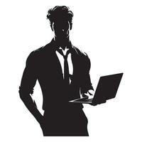 Confident Businessman Silhouette Illustration With Laptop Device vector