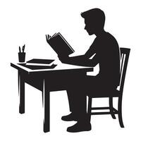 Focused Student Silhouette Studying and Reading Book at Desk vector
