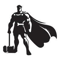 Silhouette of superhero with cape holding hammer design artwork vector