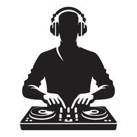 DJ silhouette playing music on turntable for club events graphics vector