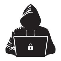 Silhouette hacker with hoodie using laptop for cyber security vector