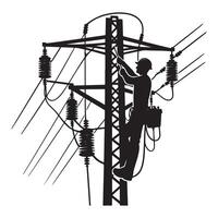 Silhouette of Electrician Climbing Power Pole Installing Wires Service vector