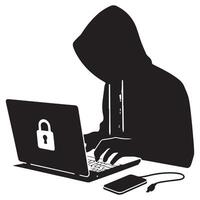 Dark Hacker Silhouette Illustration Stealing Data on Laptop vector