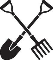 Simple black and white silhouette of a shovel and a rake crossed. vector