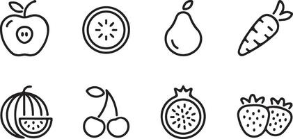 A set of eight simple line icons depicting various fruits and vegetables, Apple, Kiwi, Pear, Carrot, Watermelon, Cherries, Pomegranate, Strawberries vector