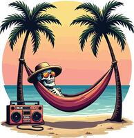A skeleton in a hammock with a radio and a boombox vector