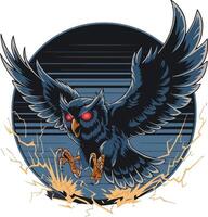 An owl with red eyes is flying over a lightning bolt vector
