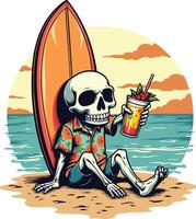 A skeleton sitting on the beach with a drink and a surfboard vector