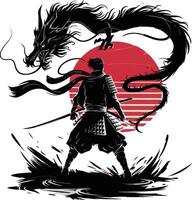 The samurai is standing in front of a dragon vector