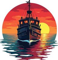 A boat in the ocean at sunset vector