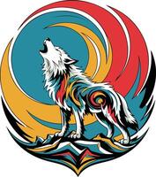 A wolf howling in a circle with a colorful swirl vector