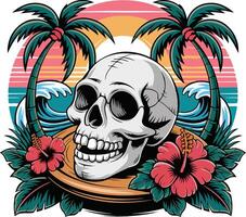 Skull with palm trees and sunset on a plate vector