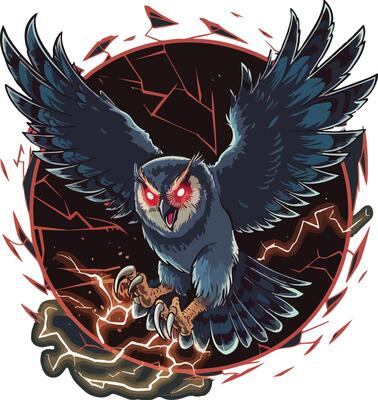 An owl with red eyes is flying through the air