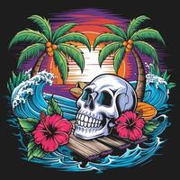 A skull with flowers and palm trees on a beach vector