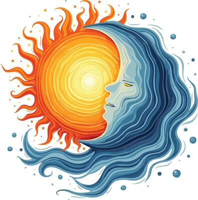 The sun and moon are in the shape of a woman's face