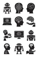 Black and white icons of robots and human heads vector