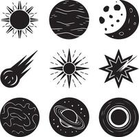 Set of space objects, planets, sun, moon, stars, planets, sun, moon, vector