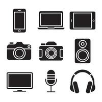 A set of black icons including a camera, headphones, and a microphone vector