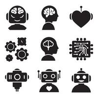 Robot head, brain, heart, gears, and other icons vector