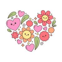 Kawaii retro vintage flowers and heart elements in a shape of a heart. Cute hippie cartoon drawing vector