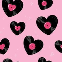 Vinyl records in a shape of a heart seamless pattern, background. Cute cartoon drawing vector